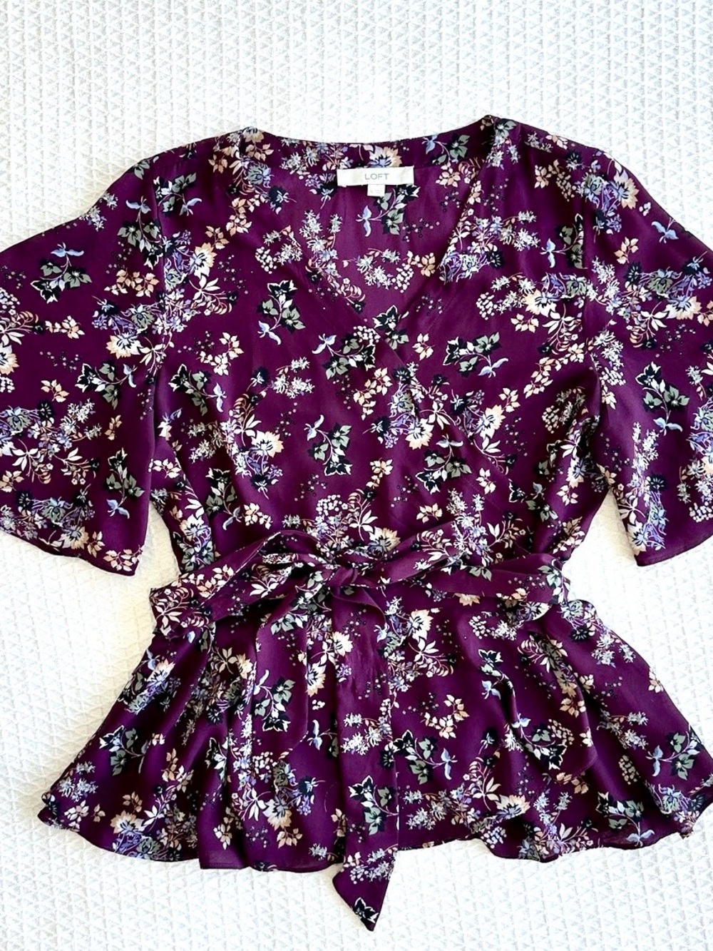 LOFT purple floral kimono style wrap top